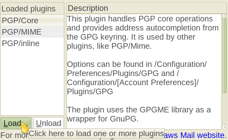 Showing the loaded GPG plugins in Claws