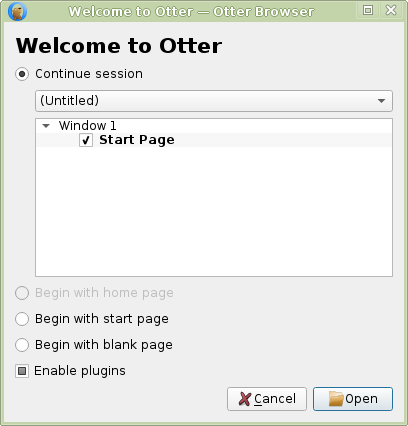 Otter Browser showing the Session Restore window